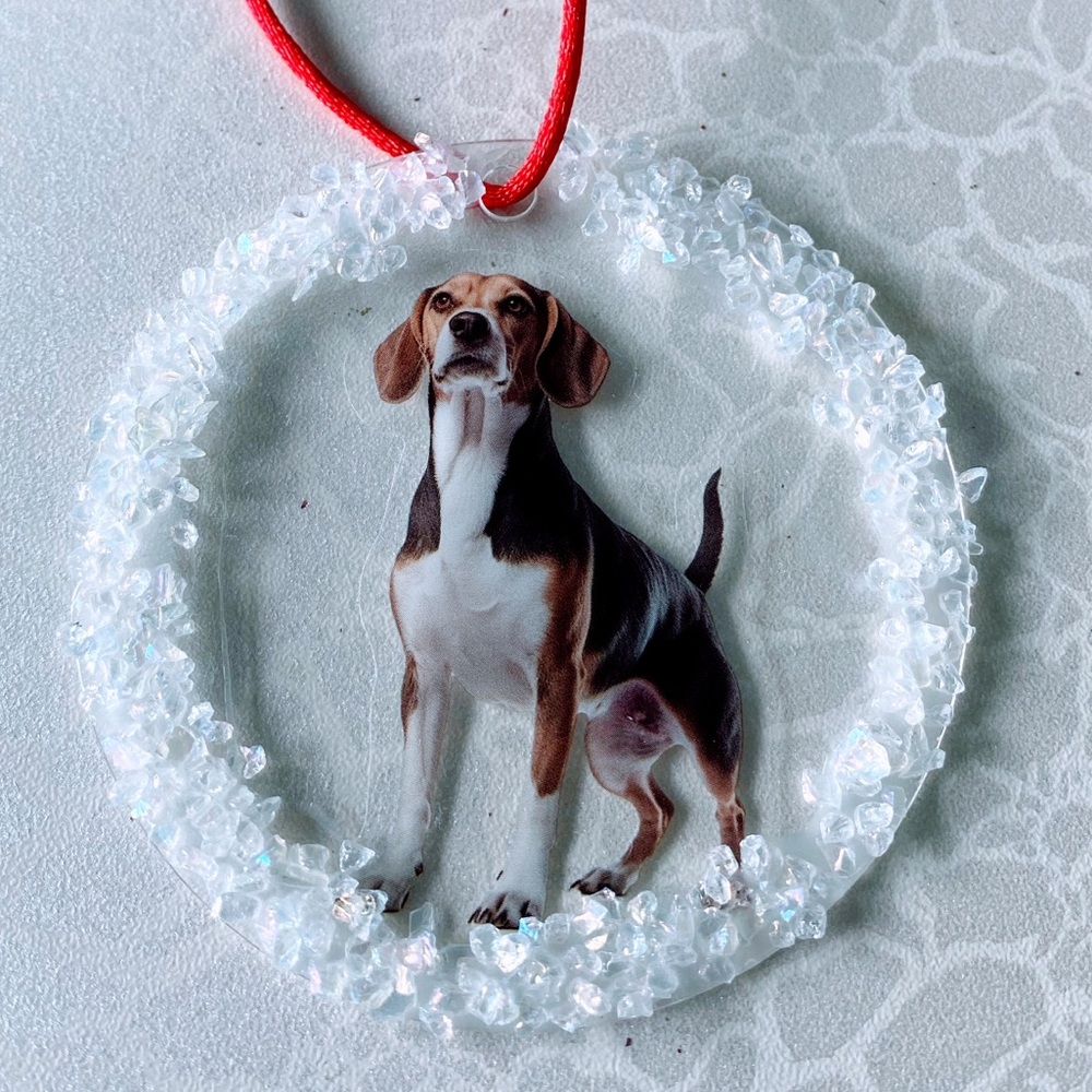 Hand Crafted Beagle Holiday Ornament or car dangle with Red and White Accents